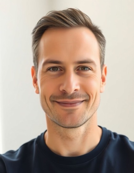 The photo it started from: a smiling man with short dark hair