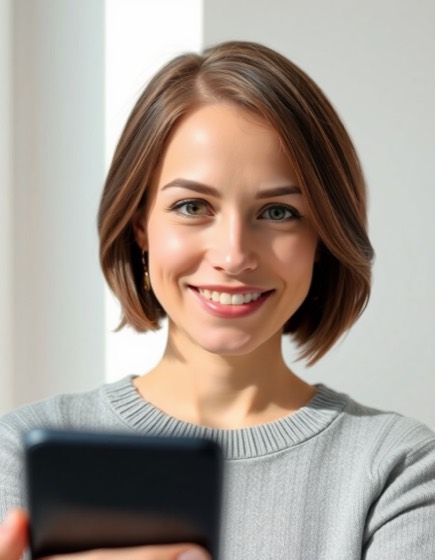 The photo it started from: a smiling woman with short brown hair