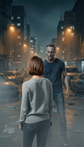 She turns away into the night while her partner, now a zombie, stands behind her