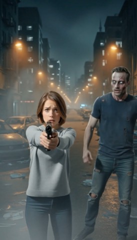 She faces the camera and raises a handgun, frightened, the zombie at her side