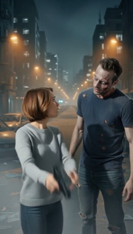 She lowers the gun and turns to him; he looks at her as if he remembers