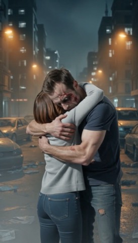 They hold each other tight in the empty street